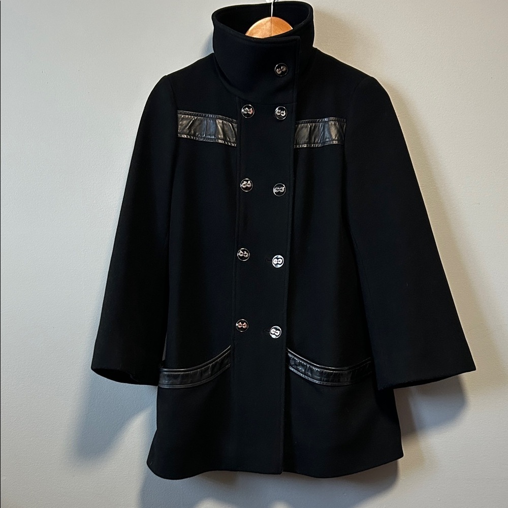 Mackage Black Wool Leather Quiet Luxury Double Breasted Peacoat Small